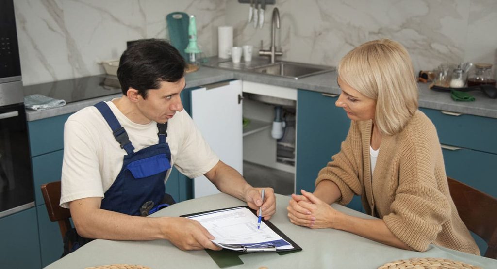 Échange entre un artisan cuisiniste et une cliente avant la validation d’un projet de rénovation
