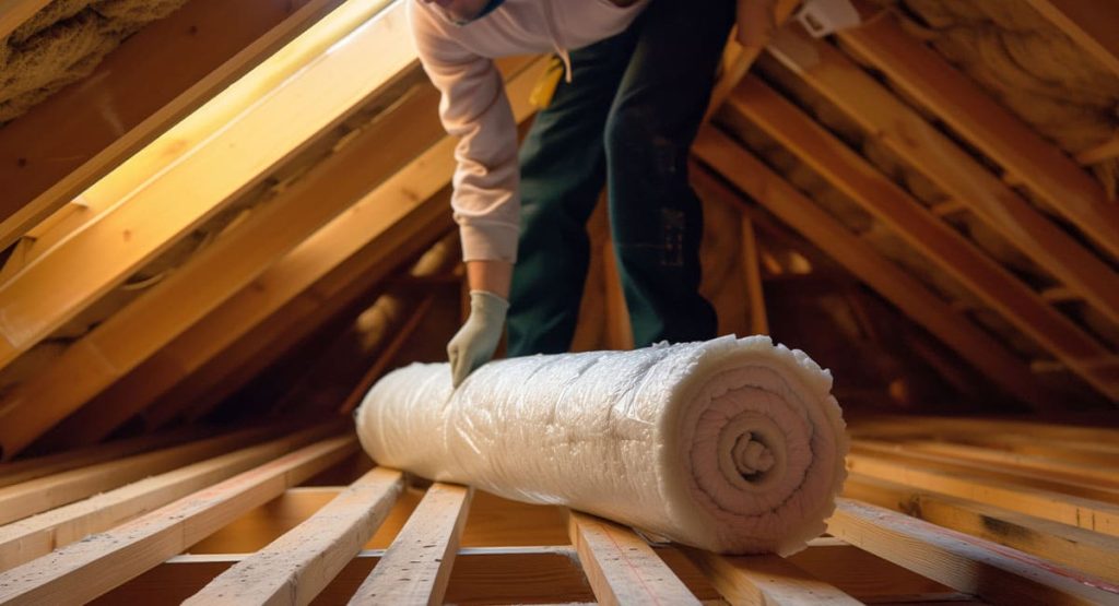 Pose d’un rouleau d’isolant thermique dans les combles d’une maison