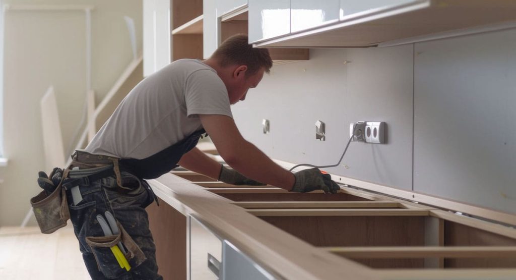 Un cuisiniste en pleine phase de montage d’une cuisine sur mesure