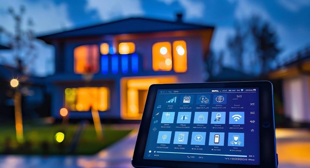 Tablette de gestion domotique permettant de surveiller l'éclairage, la sécurité et les accès d’une maison intelligente