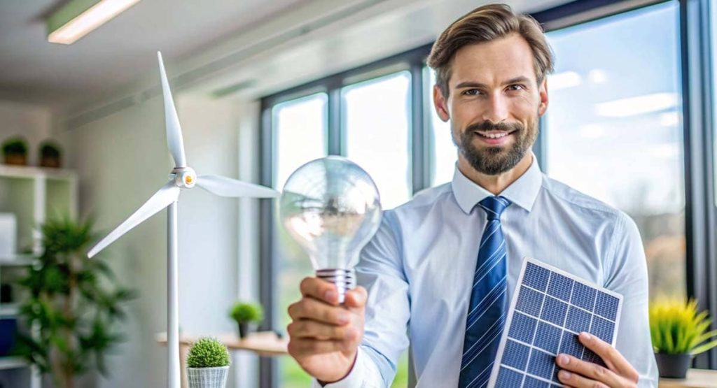 Professionnel des énergies renouvelables avec panneau solaire