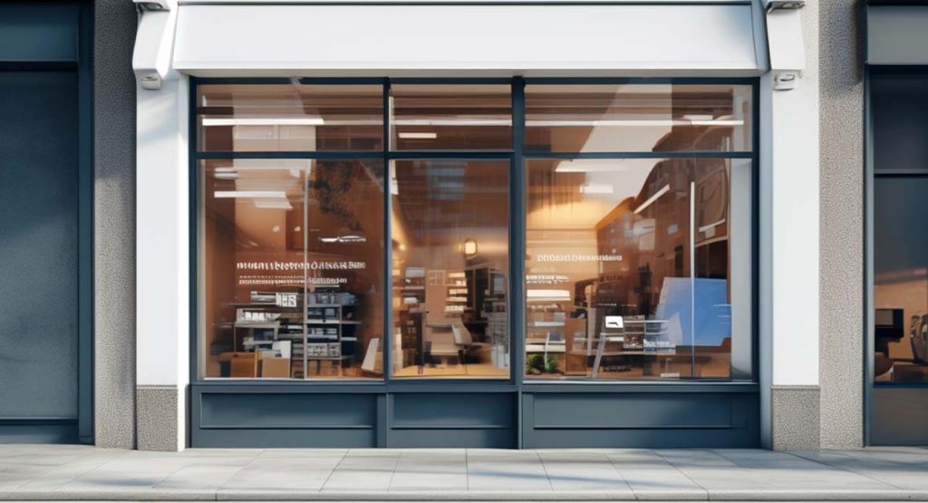 Façade d’un commerce avec vitrine vitrée et intérieur bien éclairé
