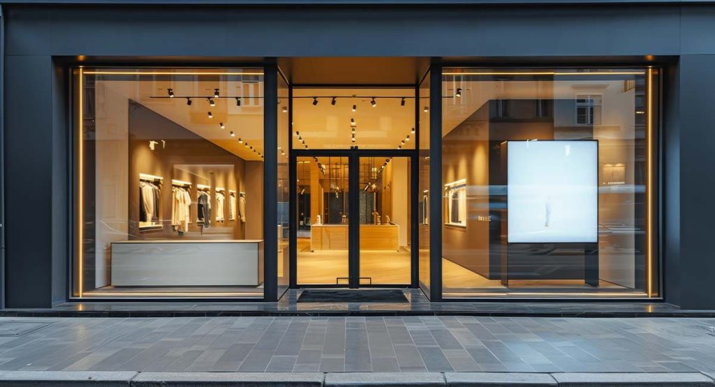Installation de façade vitrée avec menuiserie aluminium pour boutique